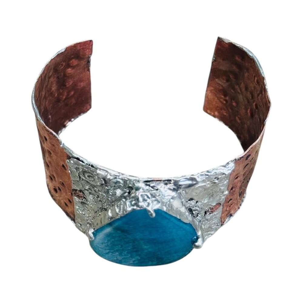 Rustic Copper & Silver Hammered Cuff Bracelet W/ Blue Agate Teardrop Gemstone - Picture 6 of 13
